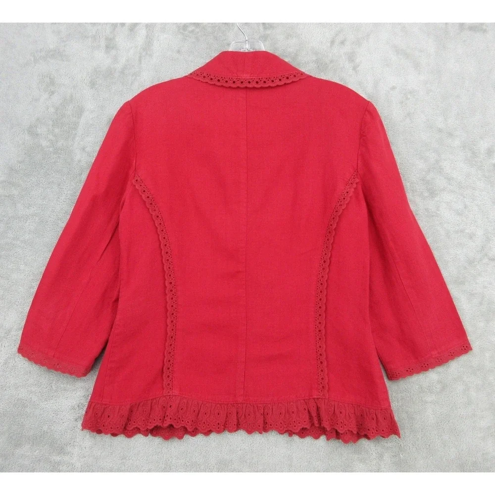 Per Una Jacket‎ Womens 10 Linen Eyelet Lace Trim Ruffle Blazer Office Career Red